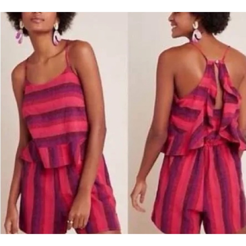 AMADI Women's XS Striped Ruffle Tank Romper Pink Purple